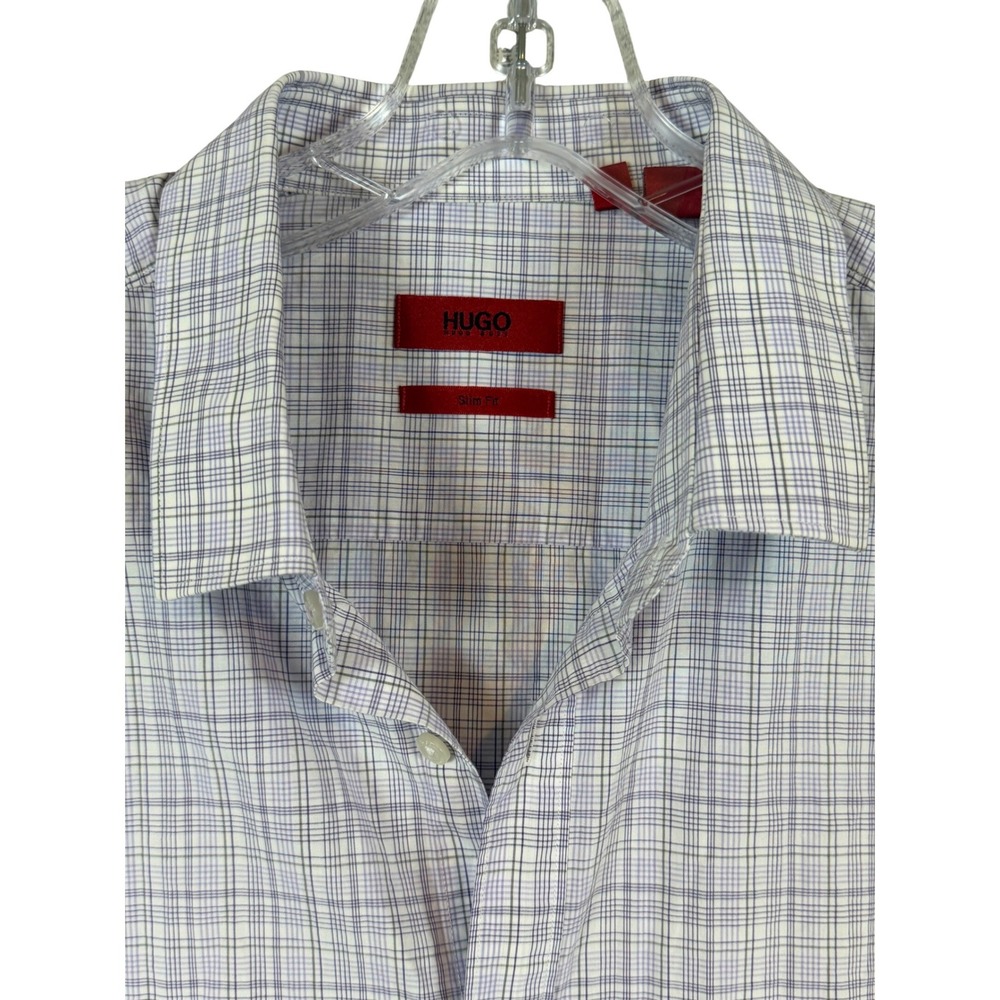 Hugo Boss EverettX Slim Fit Shirt Mens 16.5 34/35 Blue Purple Grid Button Down